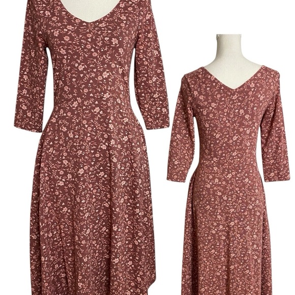 PACT Large Floral Fit and Flare Midi Dress Organic Modest Cottagecore Jersey - Picture 3 of 6